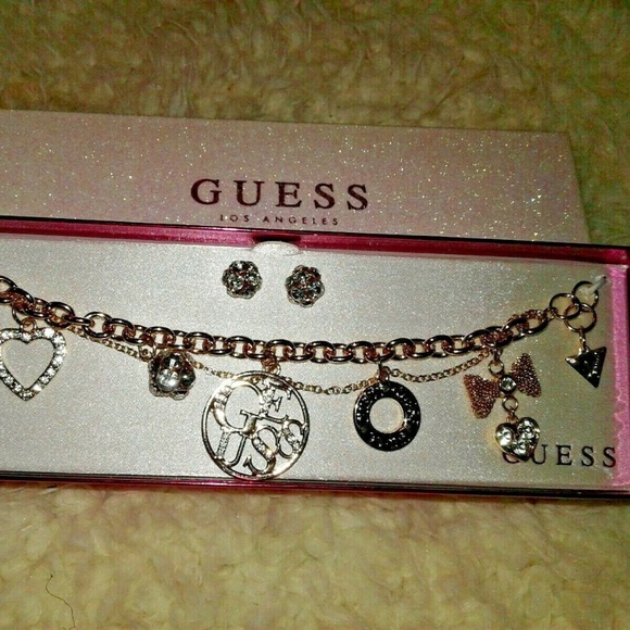 Guess Jewelry Guess Los Angeles Gold Charm Bracelet And Earrings